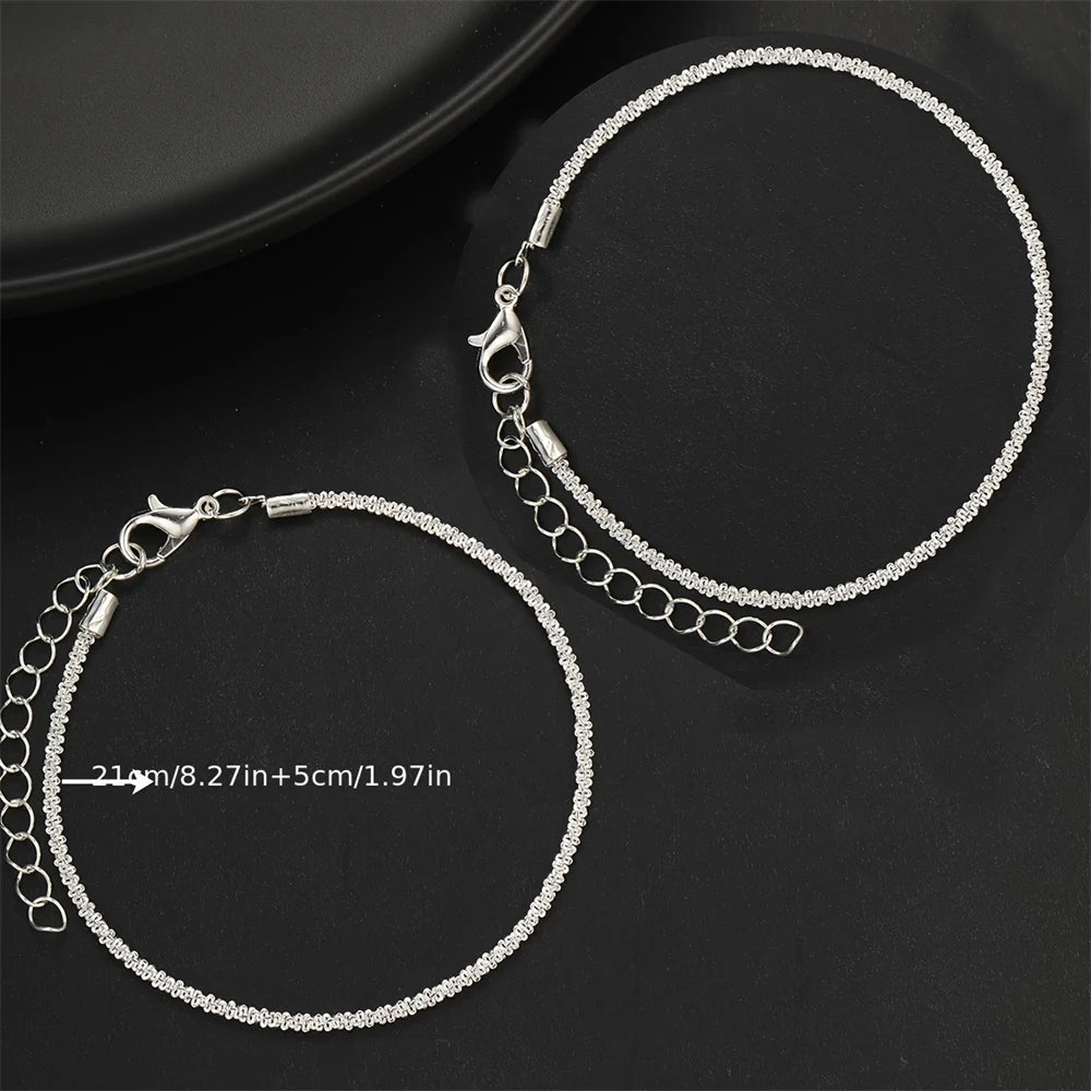 2PCS Shiny Sparkling Simple Silver Color Anklet for Women Simple Elegant Copper Jewelry Female Beach Ankle Bracelet on Foot