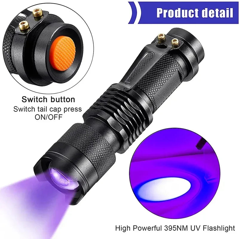 UV Portable Flashlight 365/395nm Black Light Mini Flashlight Zoom LED Ultra Violet Flashlights for Fluorescence Detection Torch