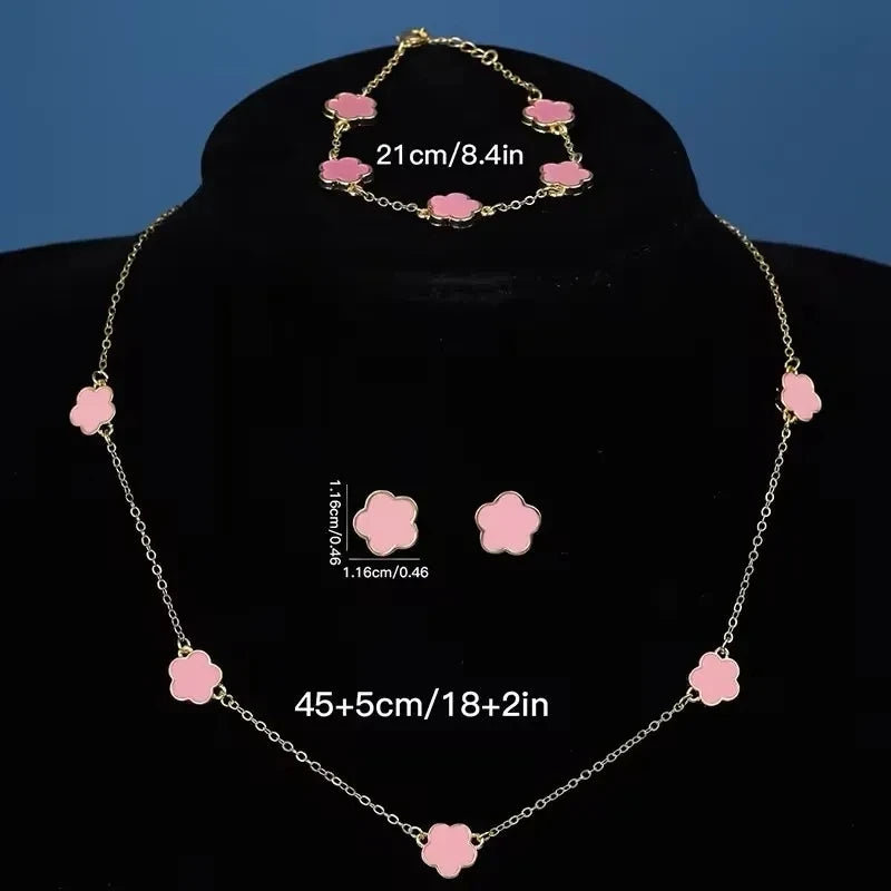 Lucky Five-petal Flower Clover Earrings Necklace Ring Bracelet Four-piece set for Woman Fashionable Accessories Party Jewelry