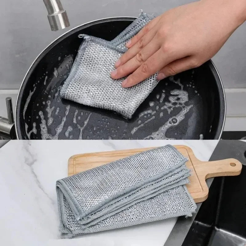 20/5pcs Thickened Steel Wire Cleaning Cloth Non-Scratch Double-layer Iron Microfiber Mesh Dishrag Washing Pot Rags Kitchen Towel