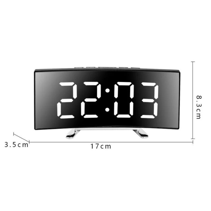 Creative Curved Electronic Clock, LED Large Screen Plug-in Battery Dual-purpose Mirror Alarm Clock, Student Bedroom Dedicated