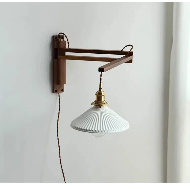 Vintage foldable solid wood walnut wood wall lamp wabi-sabi Japanese brass ceramic homestay bedroom bedside wall lamp