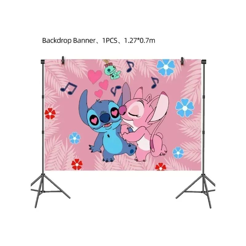 Disney Children's Party Decoration Pink Cartoon Interstellar Stitch Angel Series Disposable Tableware Flag Balloon