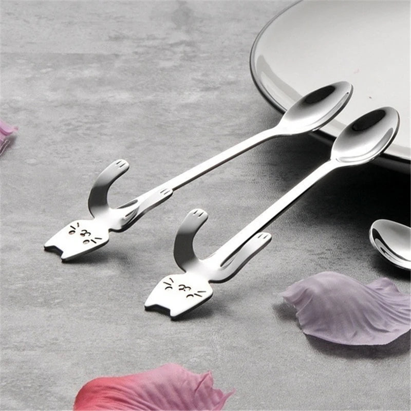 Stainless Steel Coffee Spoon Lovely Cute Cat Shape Teaspoon Dessert Snack Scoop Ice Cream Mini Spoons Tableware Kitchen Tools