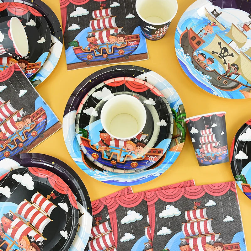 Pirate Party Theme Disposable Tableware Sets Birthday Party Decorations For Kids Plate Napkins Cup Banner Baby Shower Decor