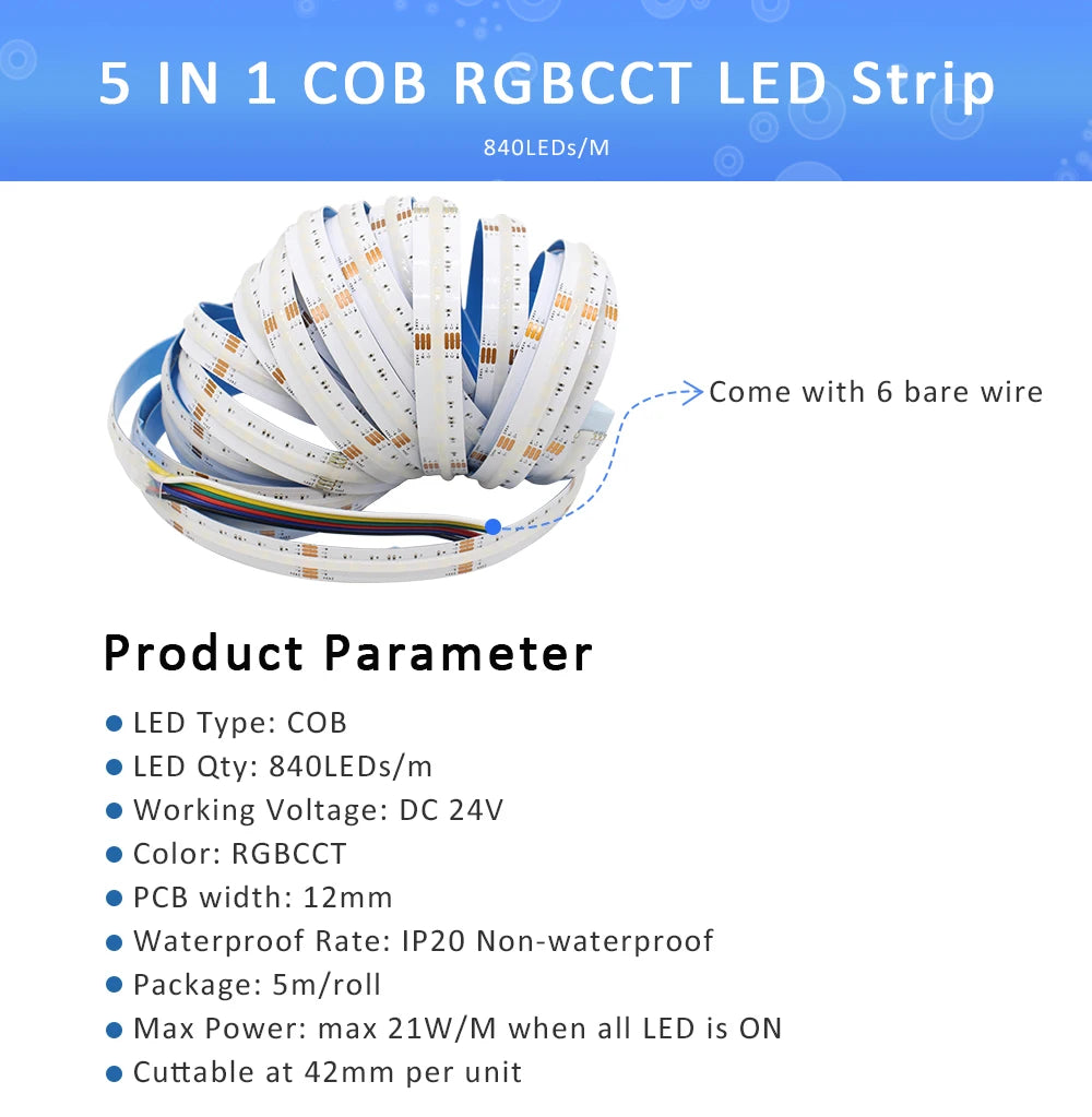 5M RGBCCT COB LED Strip Light DC 24V 840LEDs/m RGB CCT Dotless Flexible FCOB LED Tape Ribbon Lamp for Room Decoration Lighting