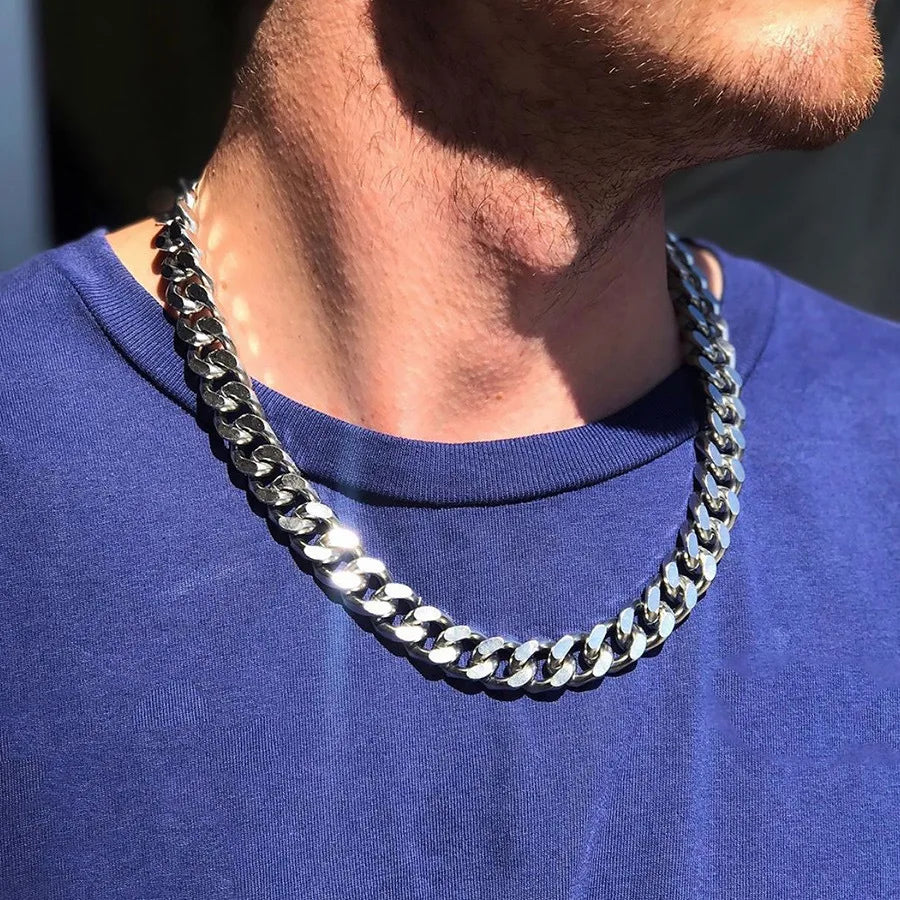 HNSP 8MM-14MM Stainless Steel Cuban Chain Necklace For Men Punk Thick Long Neck Male Jewelry Silver Color