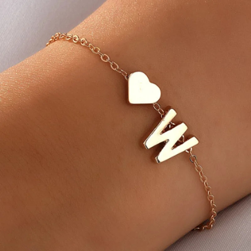 26 Letter Heart Bracelet With Heart Pendant Fashion DIY Personalized Bracelets Girls Women Anniversary Jewelry Gift