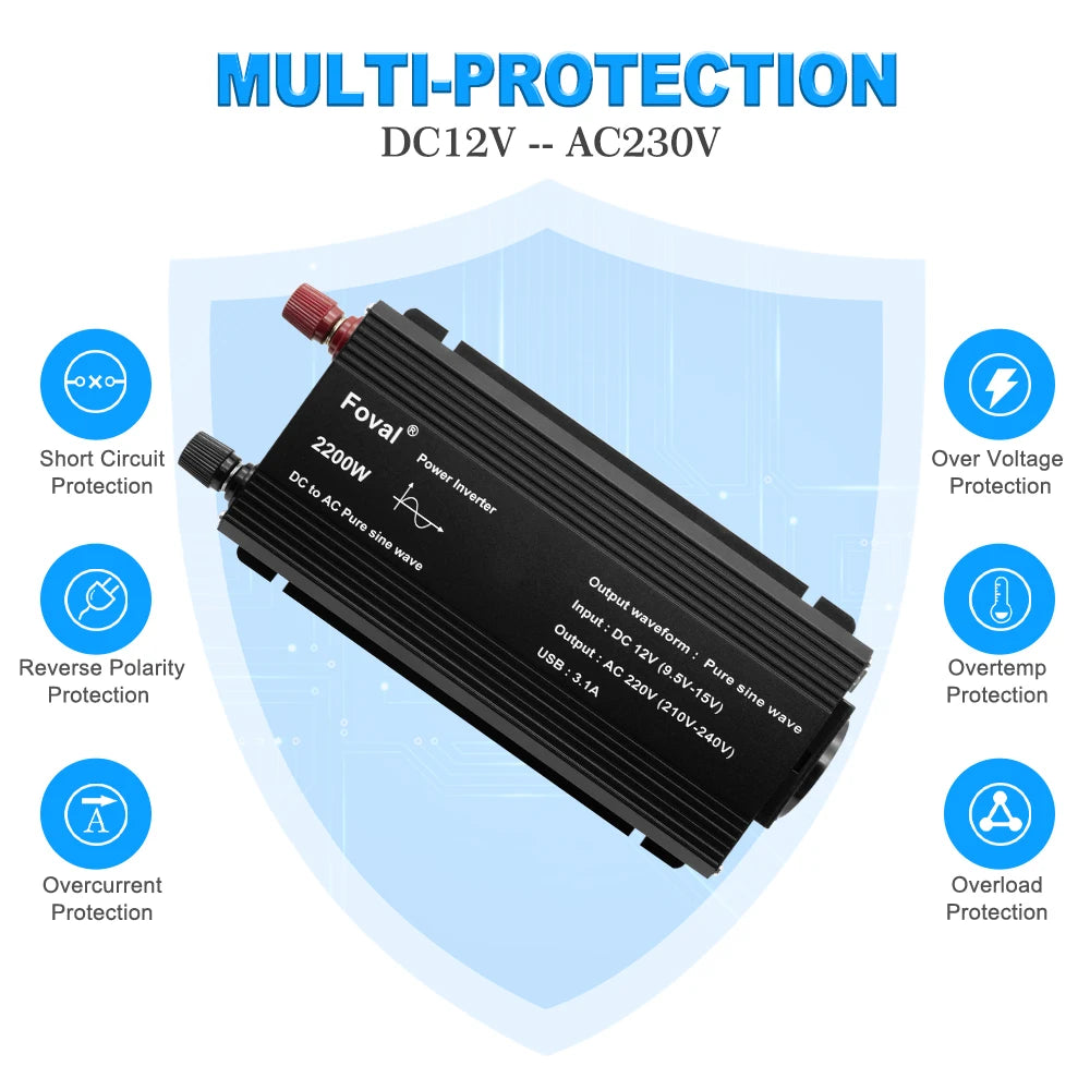 Pure Sine Wave Inverter DC 12V to AC 220V 230V 1500W/2200W/2600W Voltage Transfer Converter Universal EU Socket Auto Accessories