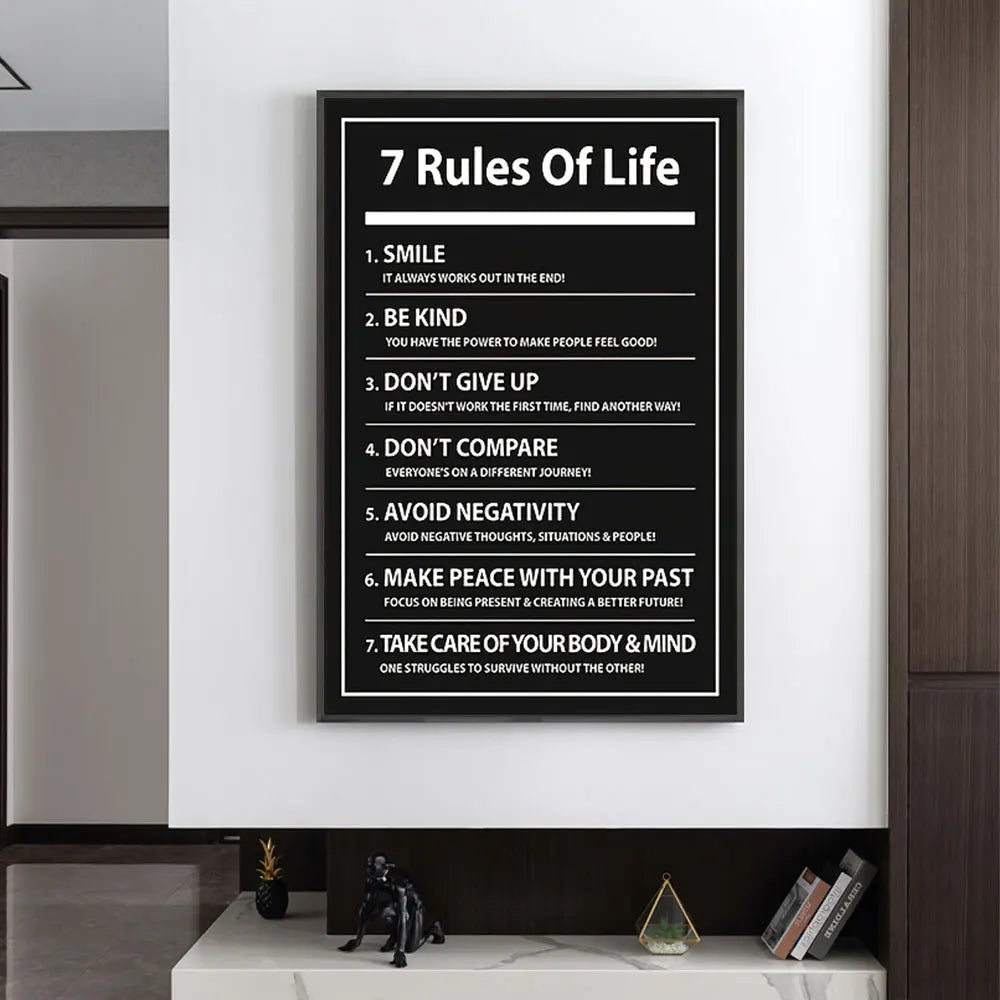 7 Rules of Life: Inspiring Letter Black Prints Motivational Quote Canvas Poster for Home Office Decor