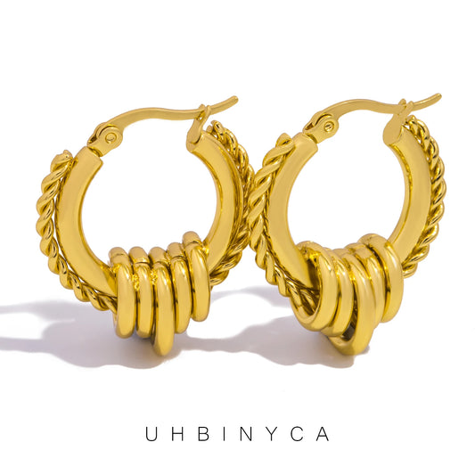 UHBINYCA Trendy Stainless Steel Multilayer Circle Twist Earrings for Women Texture Gold Plated Statement Jewelry Bijoux