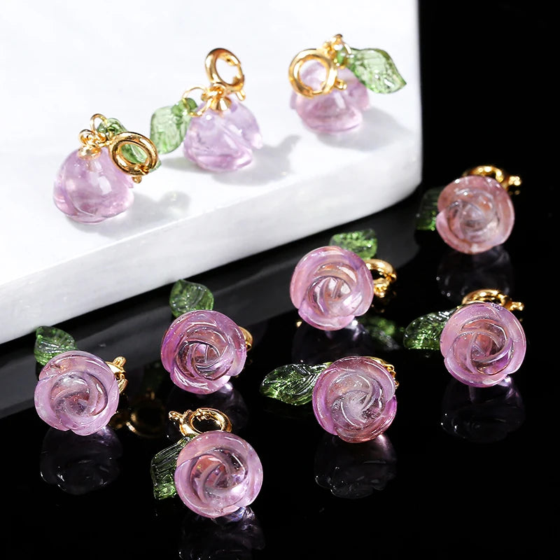 1 Pc Natural Amethyst Rose Flower Shape Copper Buckle Pendant Quality Charm For Jewelry Making Diy Necklace Bracelet Accessory