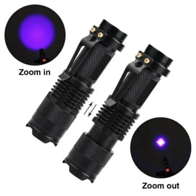 UV Portable Flashlight 365/395nm Black Light Mini Flashlight Zoom LED Ultra Violet Flashlights for Fluorescence Detection Torch