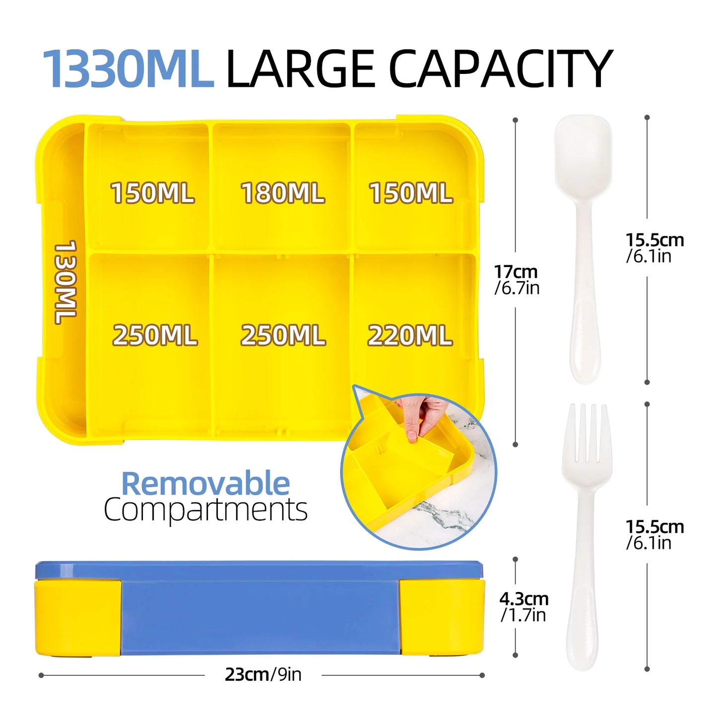 1330ML Lunch Box Adult Bento Boxes Food Containers with 6 Compartment and Tableware For Snack Work School Microwave Oven Heating