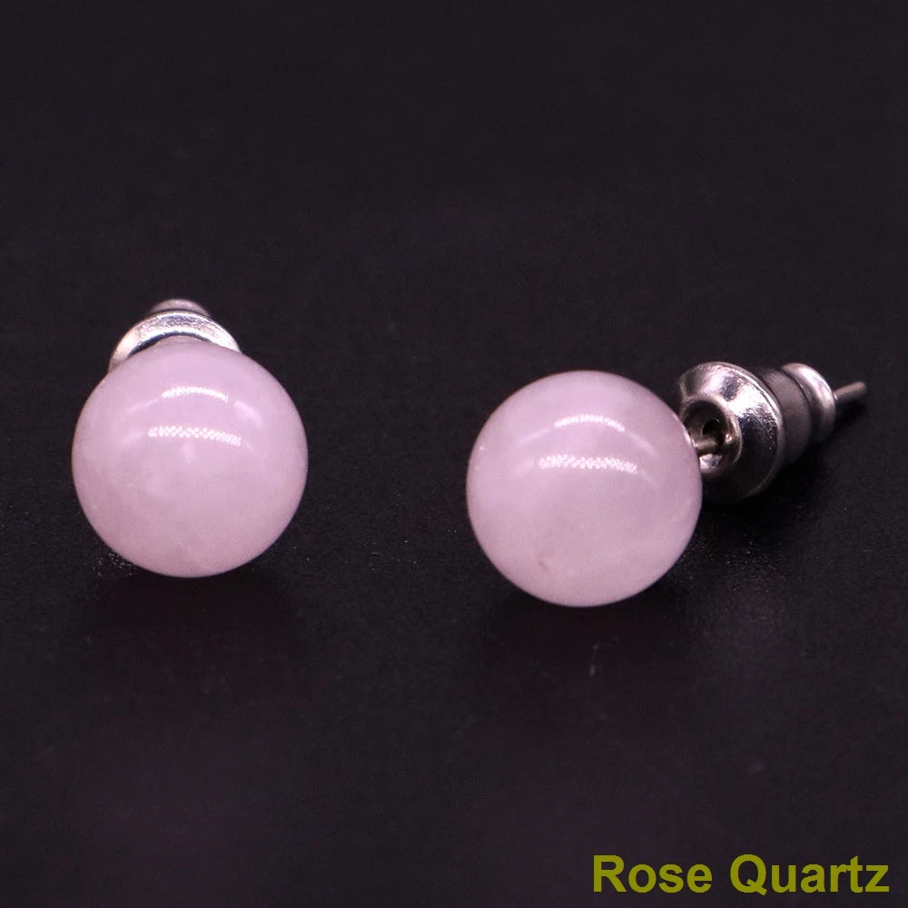 Natural Stone Crystal Round Ball Beads Studs Crystals Gemstone Amethyst Rose Quartz Agate Fashion Earrings Jewelry for Women