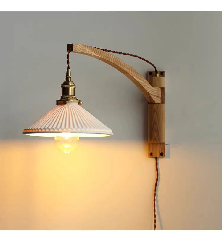 Vintage foldable solid wood walnut wood wall lamp wabi-sabi Japanese brass ceramic homestay bedroom bedside wall lamp