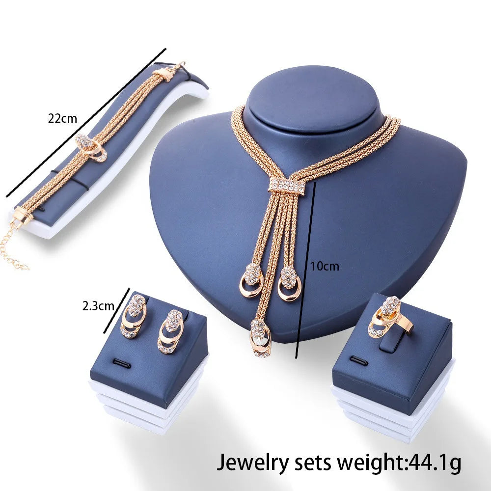 4Pcs Jewelry Set Rings Necklace Earrings Bracelet High Performance Golden Jewelry For Women