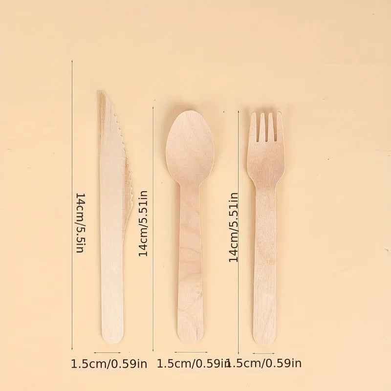 50/100PCS Disposable Wooden Forks Spoons Knives Parties Weddings Cafes Environmentally Friendly Disposable Wooden Tableware