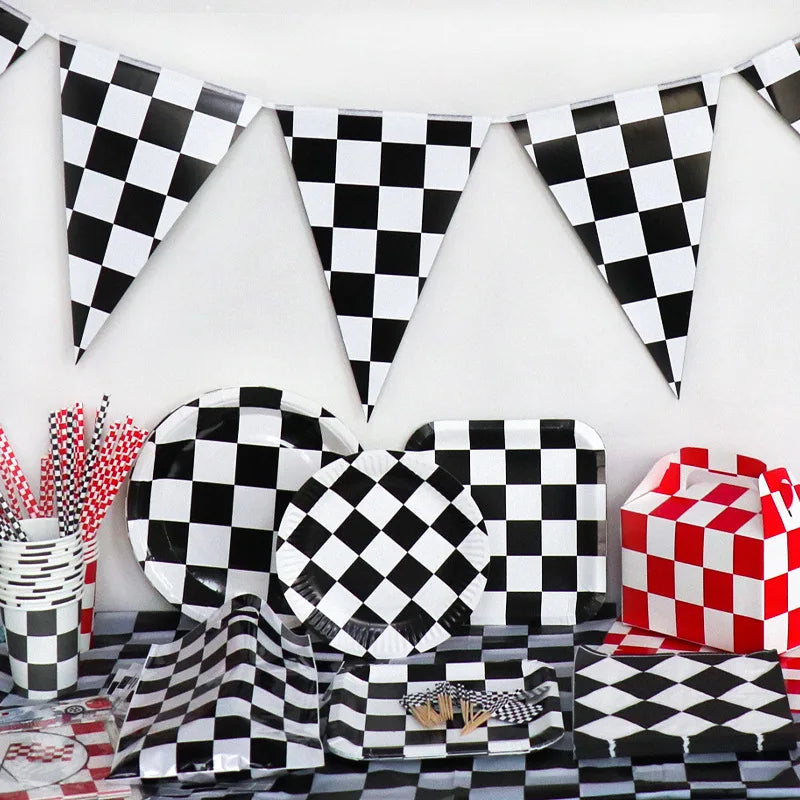 Chess Party Supplies Racecar Black and White Checkered Party Tableware Cup Plate Napkins Birthday Party Decorations Supplies