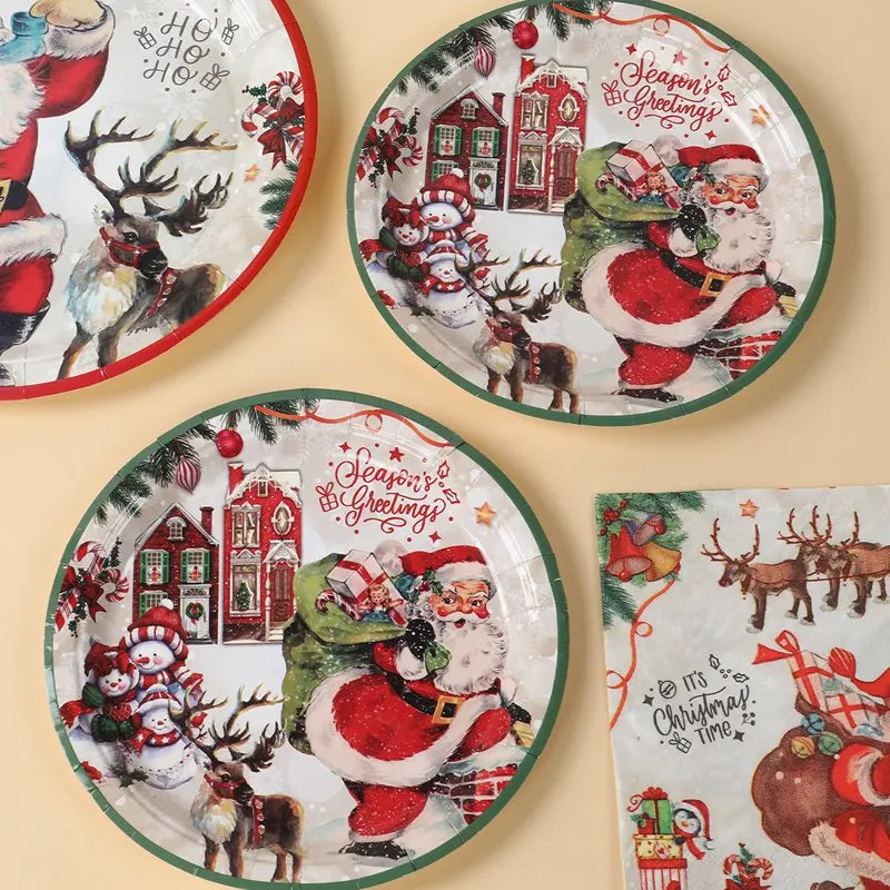 Christmas Party Disposable Tableware Santa Elk Paper Plates Paper Cups Merry Christmas Decorations 2024 For Home Xmas Ornaments