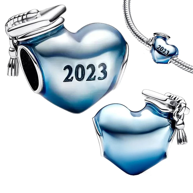 925 Sterling Silver Blue Enamel 2024 Graduation Heart Charm Graduation Cap Fit Pan Bracelet Student Collection Jewelry Gift