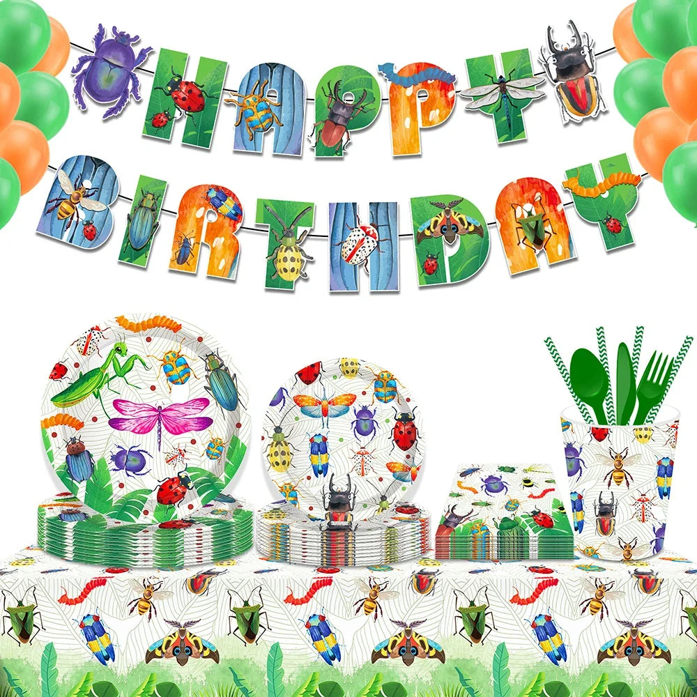 Cartoon Animals Spring Insect Dragonfly Birthday Party Disposable Tableware Sets Banner Jungle Baby Shower Party Decorations