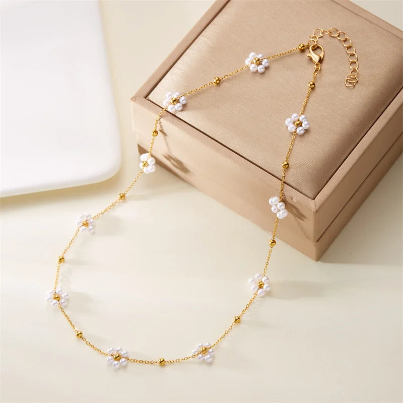 Sweet Cute Crystal Pearl Flower Bracelets for Women Fashion Gold Color Chain Charm Bracelet Necklace Jewelry Wholesale