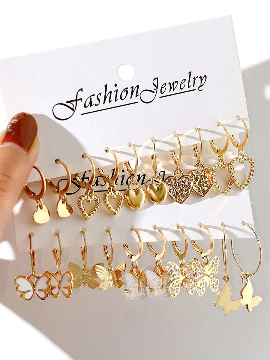 10pcs Women Earrings New Creative Simple Fashion Temperament Hollowed-out Butterfly Love Earrings Gold-color Earrings