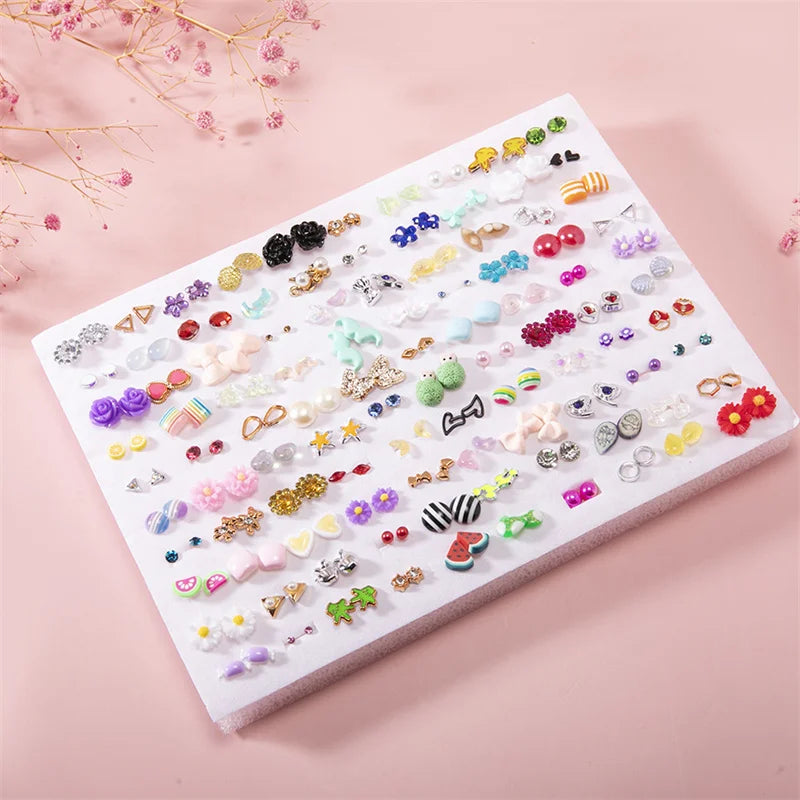 100Pair Women Acrylic Crystal Small Stud Earrings Set Girls Heart Star Animal Moon Plastic Geometric Earring Jewelry Gifts