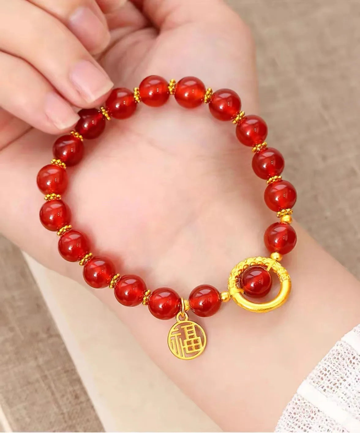 Real gold and red agate acacia bean bracelet AU999 pure gold fortune brand bracelet womens temperament 24k jewelry wholesale