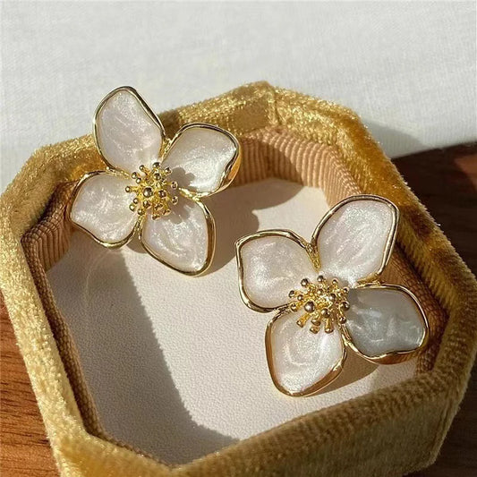 Hibiscus Dropped Glaze Flower Stud Earrings for Women Girl French Ins Vintage 2024 Fashion Korean Wedding Romantic Jewelry Gifts