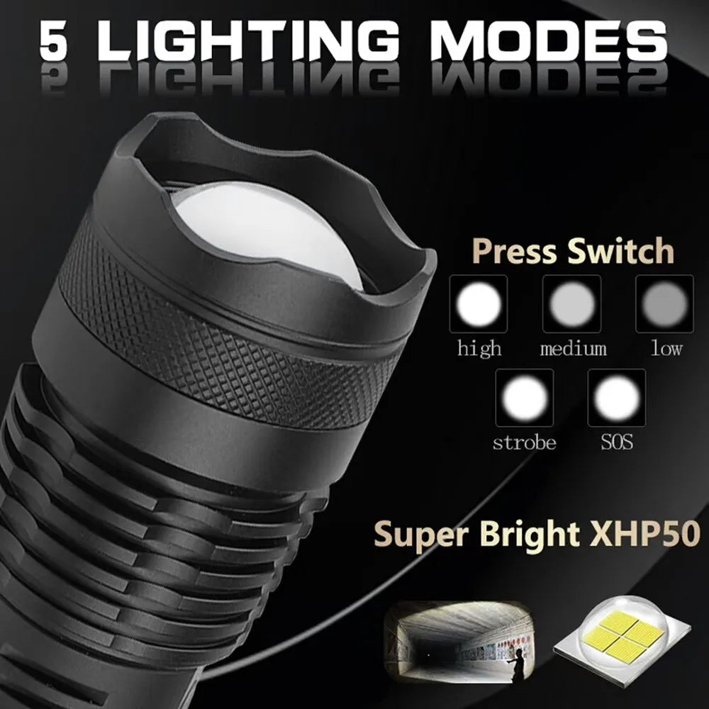 USB Powerful xhp70.2 Flashlight Torch Super Bright Rechargeable Zoom LED Tactical Torch xhp70 18650 or 26650 Battery Camp Lamp