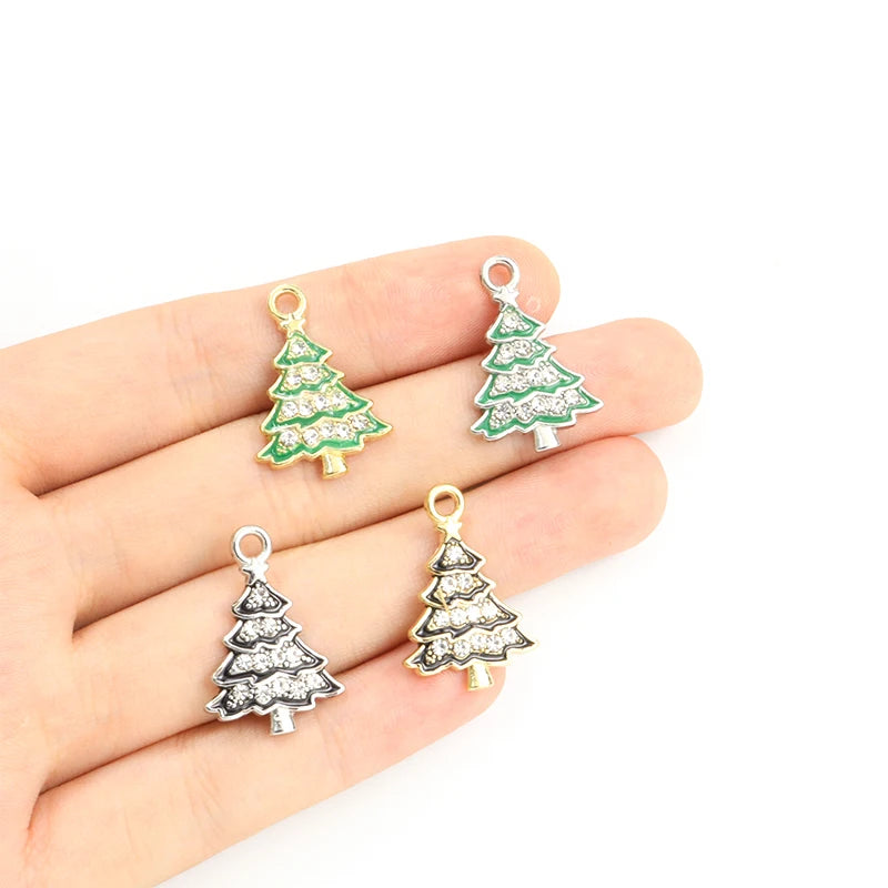 10pcs Compact Exquisite Christmas Tree Styling Rhinestones Inlaid Enamel Charms for DIY Christmas Trinkets Gifts Party Decor