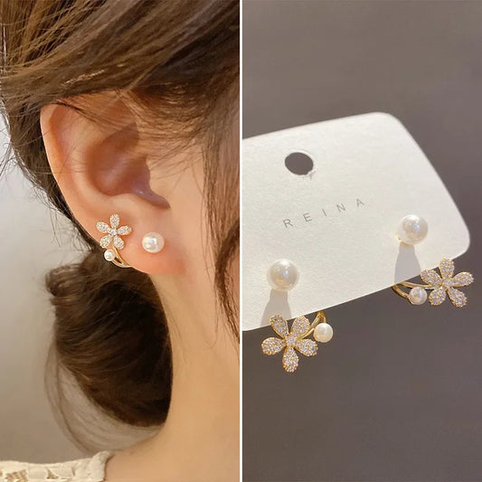 2024 New Korean Light Luxury Imitation Pearl Flower Stud Earrings For Women Fashion Crystal Elegant Jewelry Party Gifts