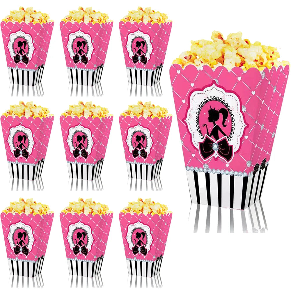 Princess Popcorn Boxes for Barbie Party Decor Candy Snacks Boxes Tableware Sets Pink Baby Shower Birthday Party Decorations