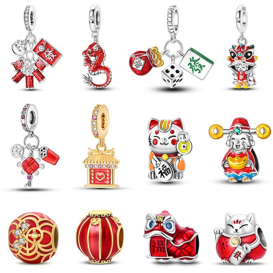 New 925 Sterling Silver New Year Series Lucky Cat God Of Wealth  Lion Dance Pendants Charms Beads Fit DIY Bracelets Jewelry Gift