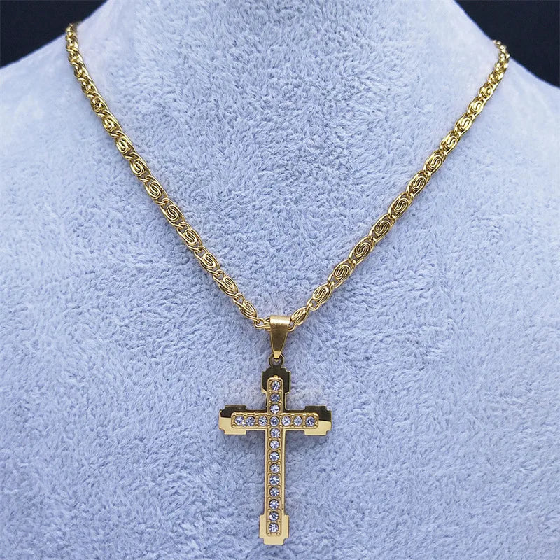 HNSP Cross Necklace Pendant Stainless Steel Luxury Zircon Jewelry Neck Accessories Christian Catholic Rosaries