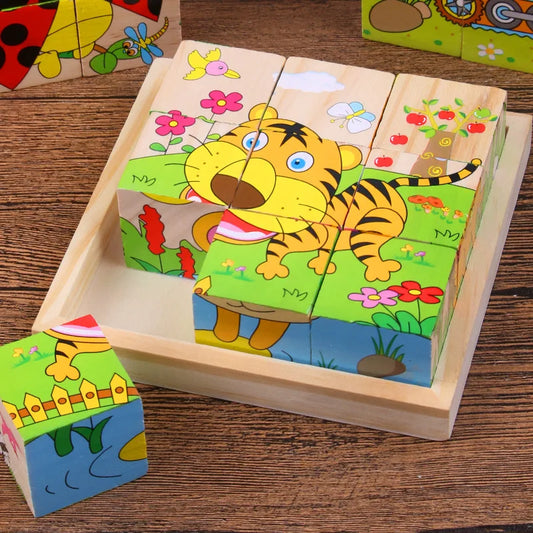 Baby Wooden Blocks Toys Children Six Side Cube Jigsaw Puzzles Game Animal Fruit Traffic Cognize Early Learning Educational Toys