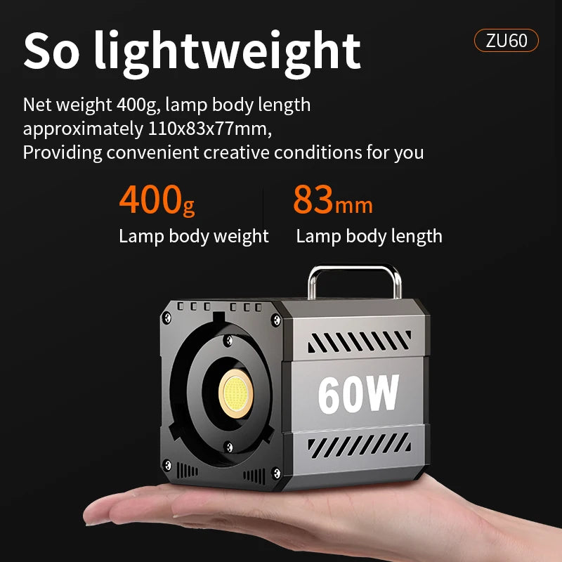 Bi-Color Camera Light 400g Portable 60W COB Continuous Output Lighting CRI≥90 TLCI≥97 Handheld Indoor Outdoor Photography Lights