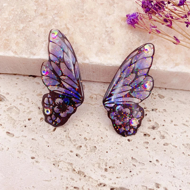 Minar Fairy Gradient Blue Color Resin Butterfly Wings Drop Dangle Earrings for Women Girls Rhinestone Glitter Pendant Earring