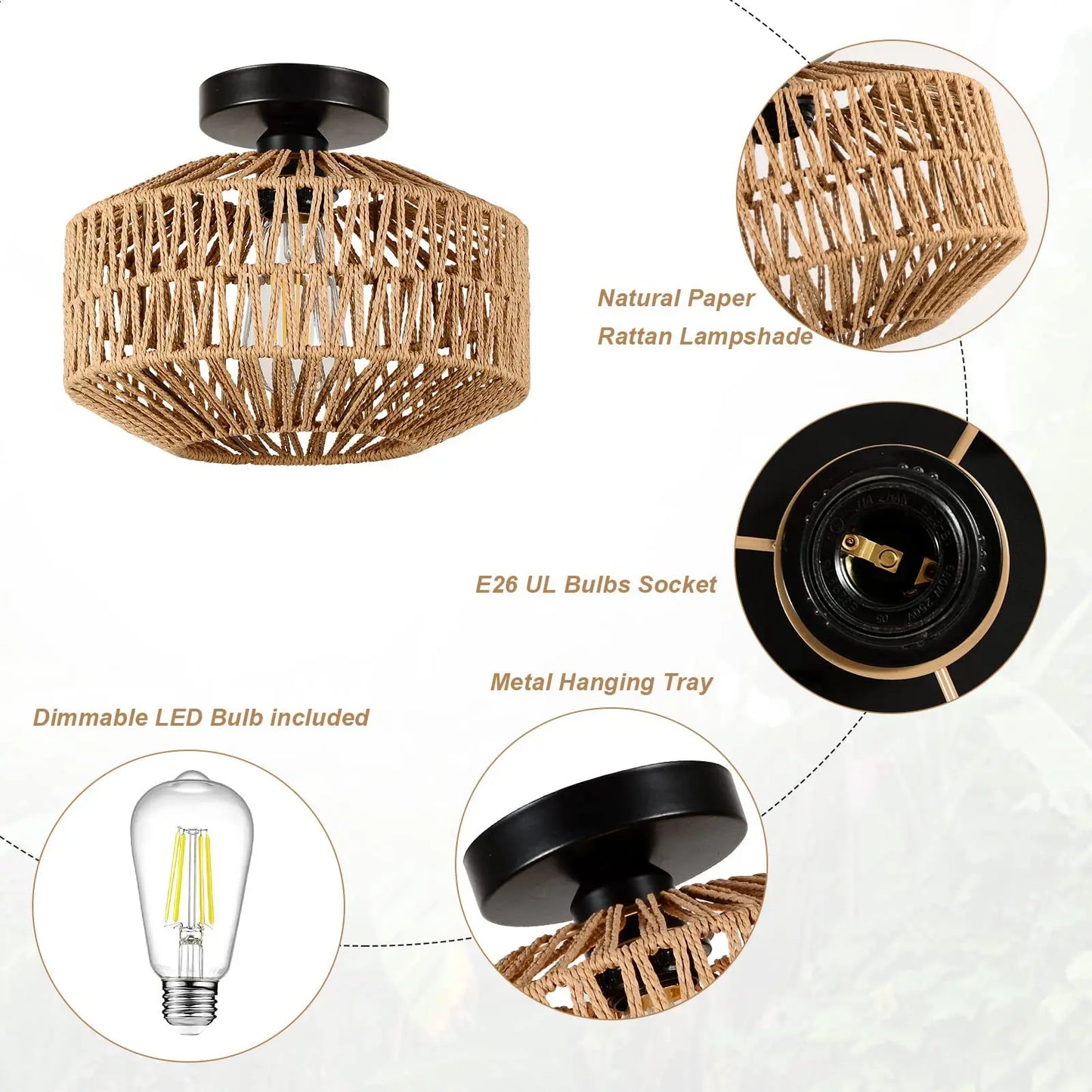 Rattan Ceiling Lamp E27 LED Lights Hand Woven Bedroom Hanging Lamps For Ceiling Light Modern Home Decoration Light Fixture