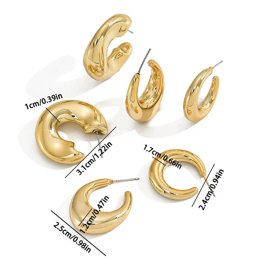 6Pcs Classic Geometry Glossy Ccb Gold Plated Waterdrop C Shape Hoop Earrings Set for Women Teens Vintage Daily Wear Ear Jewelry