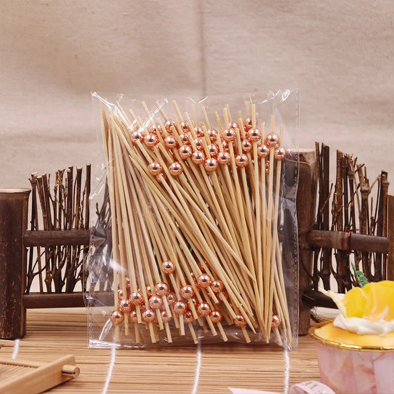 100Pcs Wedding Pearl Disposable Bamboo Skewers Wooden Cocktail Picks Fruit Picks Snack Fork Skewer Wedding Party Supplies