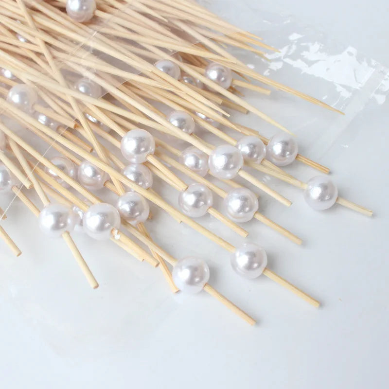 100Pcs Wedding Pearl Disposable Bamboo Skewers Wooden Cocktail Picks Fruit Picks Snack Fork Skewer Wedding Party Supplies