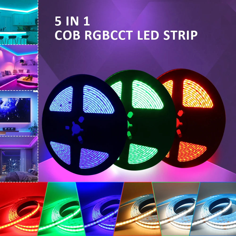 5M RGBCCT COB LED Strip Light DC 24V 840LEDs/m RGB CCT Dotless Flexible FCOB LED Tape Ribbon Lamp for Room Decoration Lighting