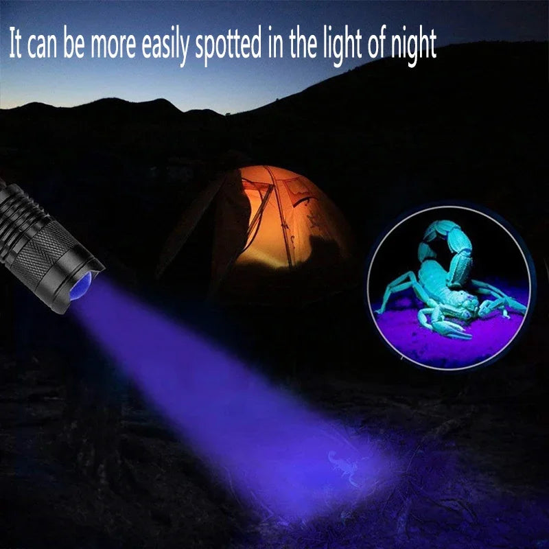 UV Portable Flashlight 365/395nm Black Light Mini Flashlight Zoom LED Ultra Violet Flashlights for Fluorescence Detection Torch