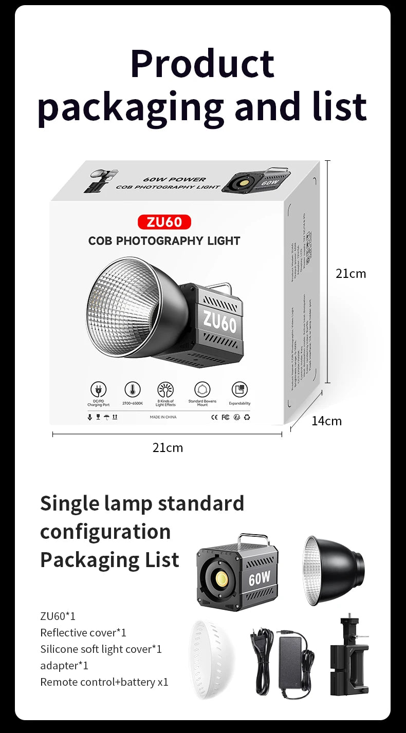 Bi-Color Camera Light 400g Portable 60W COB Continuous Output Lighting CRI≥90 TLCI≥97 Handheld Indoor Outdoor Photography Lights