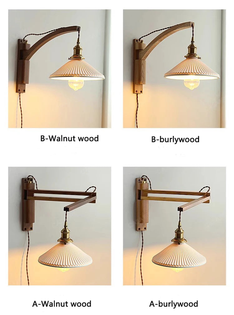 Vintage foldable solid wood walnut wood wall lamp wabi-sabi Japanese brass ceramic homestay bedroom bedside wall lamp