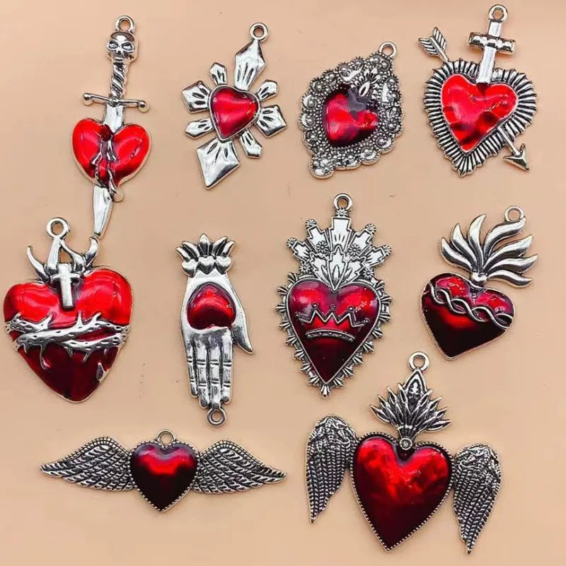 10pcs Mixed Silver Plated Enamel New Gothic Style Sacred Heart Alloy Pendant DIY Charms Earrings Necklace Jewelry Crafts Making