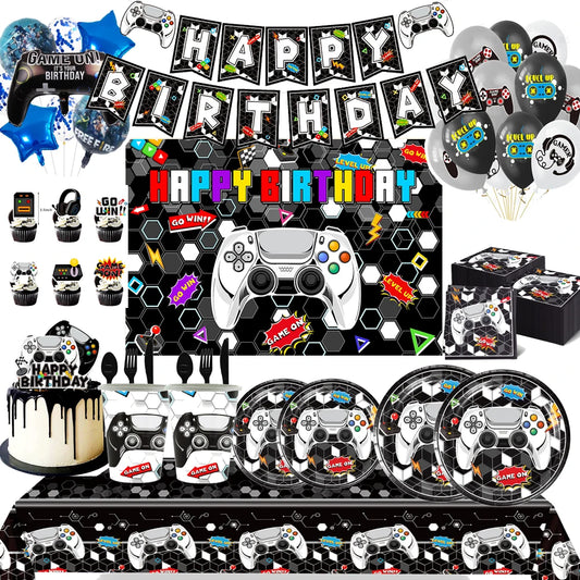 Black And White Gaming Boy BirthdayParty Decoration Disposable Tableware Plate Tablecloth Balloon For Kids Babyshower Favor Gift